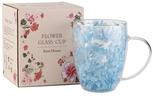 Dried Flower Double Wall Glass Cup, Aesthetic Flowers Coffee Mugs, Cute Insulated Tea Cups with Handle Heat Resistant for Women, Gifts for Birthday Mother's Day - Perfect for Wife Mom Friends (Blue)