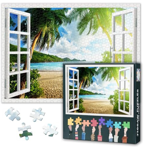 1000 Pieces Puzzles for Adults Jigsaw Puzzle Educational Games - 50x70 cm Beach Sunset 3D Window View Effect Themed Colorful Artwork Hard Difficult Challenging Puzzles