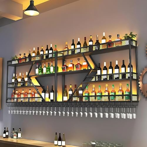 Estante de vino de pared de metal con iluminación LED y soporte modular para botellas de vino | Modern Wine Depot para bar en casa, cocina, hostelería | Soporte robusto + fácil montaje (incluye tacos