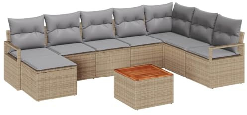 vidaXL 9-teiliges Gartensofa-Set mit Kissen in Beige aus Poly-Rattan. Moderen und gemütliche Gartenmöbel für Balkon, Terrasse und Garten. Perfekt für eure Lounge oder Essbereich draußen.