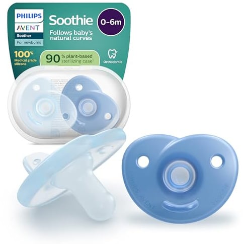Philips Avent chupetes Soothie: chupete anatómico, para recién nacidos de 0 a 6 meses, diseño de una sola pieza, tetina de silicona que reduce la presión, sin BPA, paquete de 2, azul,SCF099/26