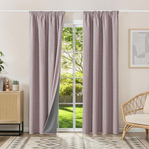 Runyéla 100% Verdunklungsvorhänge Thermovorhänge Kälteschutz Gardinen mit Kräuselband 200 x 140 cm (HxB) 2er Set Leinenoptik Vorhänge Blickdicht Rosa, Schiebegardinen Wohnzimmer Curtain
