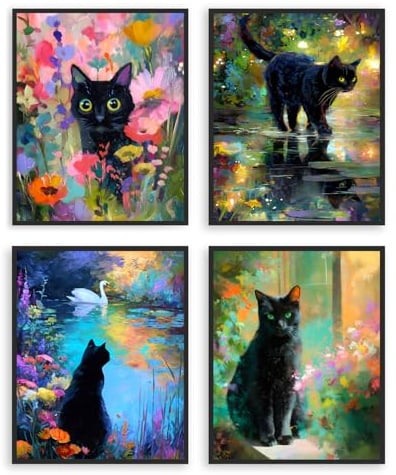 Dazzlewall 4er Set Süße Schwarze Katze Wanddeko, Bunte Blüten Fantasy Schwarze Katze mit elegantem Charakter Wandbilder für Schlafzimmer Wohnzimmer Ohne Rahmen 20x25 cm