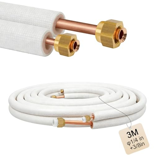 MIGUBIGU 1 PCS Liaison Frigorifique 1/4 3/8 3m, Tuyau de Cuivre Tube en Cuivre pour Climatiseur, Tuyau Clim 1/4 3/8, Isolant Tube Climatisation pour Gaz de Refroidissement R32, R410A et R407C