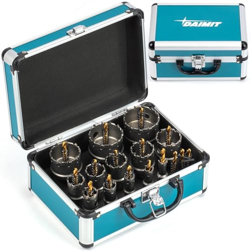DAIMIT Kit de scies trépans TCT 19 PCS, 14–60 mm Scies trépans en carbure de tungstène robustes pour métal, acier inoxydable, fer, bois et plastique, avec 3 forets pilotes démontables et 3 clés Allen