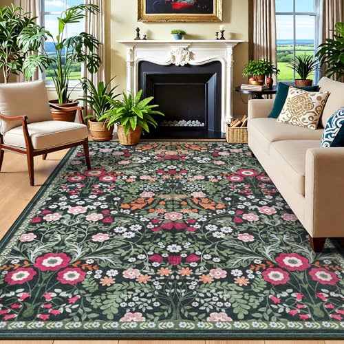 IMIYOKU Groß Teppich Wohnzimmer 200x290cm Waschbar in Waschmaschine Boho Vintage Kurzflor Carpet mit Blumenmuster Weich Antirutsch Rugs for Living Room Schlafzimmer Esszimmer, Grüner Teppich