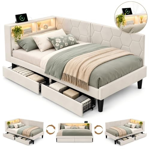 BSCFHCZ Schlafsofa 90x200 mit Stauraum, Tagesbett Einzelbett mit 2 Stauraum Schubladen, Polsterbett 90x200, Kinderbett mit LED & USB-Ladebuchse, Bettgestell mit Lattenrost, Samt, Ohne Matratze, Beige