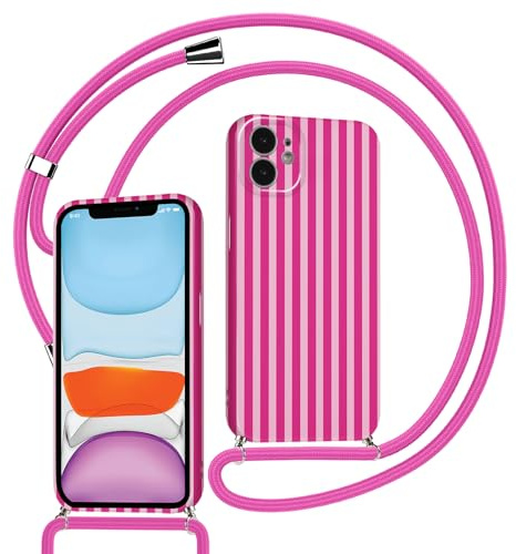 Kueqeay Handyband für iPhone 12 Hülle mit Band Kette, Aesthetic Sommer Rosapurpur Gestreift Striped Motiv Verstellbarer Halskette Handyhülle mit Kordel zum umhängen Silikon Stoßfest Schutzhülle, 05
