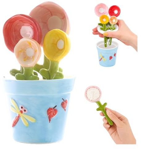 4pcs Flower Measuring Spoons Sets in Pot,Cute Ceramic Measuring Spoons Set,Decorative Flower Pot and Cup, for Dry and Liquid Ingredients (Blue)
