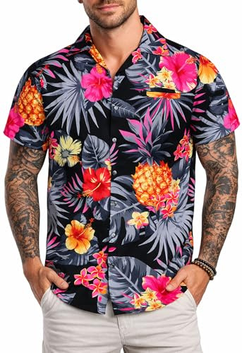 King Kameha Camisa Hawaiana para Hombre de Manga Corta, Pineapple, Negro/Gris, S