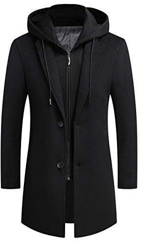 PRIJOUHE Mens Wool Trench Coat Winter Hooded Pea Coat Long Jacket Overcoat