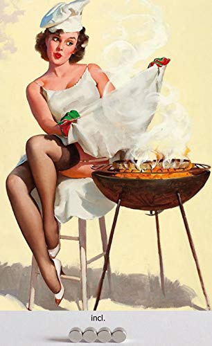 generisch Blechschild 20x30cm gewölbt incl. 4 Magneten Pinup Girl Pin up sexy Frau am Grill Erotik BBQ Deko Geschenk Schild