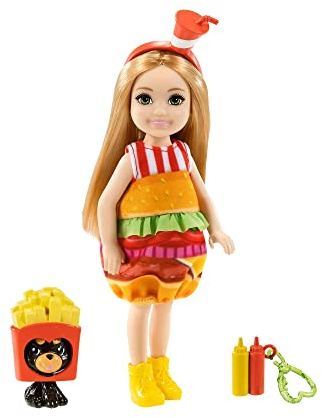 Barbie GRP69 - Club Chelsea Puppe mit Burger Kostüm, 15 cm groß, blond, mit Tier und Anhänger