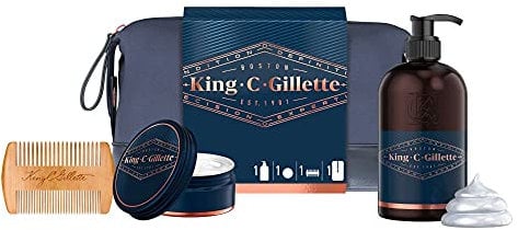 King C. Gillette Geschenkset Herren mit Kulturbeutel + Bartkamm + Bartshampoo (Waschgel) + Bartbalsam, Rasierset Geschenk Männer