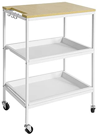 SoBuy SVW13-W Servierwagen mit 2 abnehmbaren Tablette und 3 Haken Beistellwagen Rollwagen Teewagen Barwagen Küchenwagen mit Holzplatte Küchenregal mit Rollen BHT ca.: 60x81x41cm