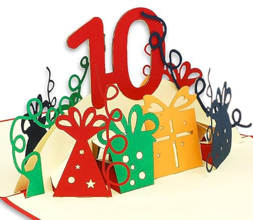 LINPOPUP® 3D Pop-Up Karte 10 Geburtstag, Geburtstagskarte mit Umschlag, Happy Birthday - Gutscheinkarte zum Geburtstag, Geschenk für Freunde, Mann, Frau, Kollegen, Zahl 10, N364