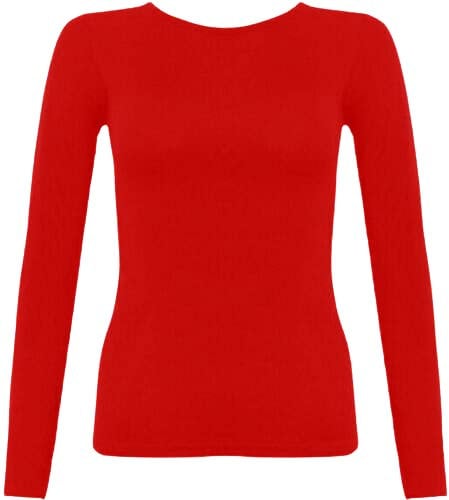 New Ladies Long Sleeve Round Neck Plain Basic Women's Stretch T-Shirt (Red, 10)