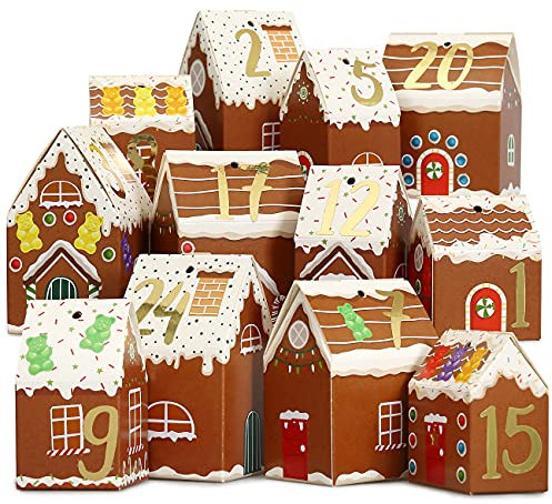 Papierdrachen pour calendrier de l'Avent pour bricolage et remplissage - set de maisons - maisons en pain d'épice - 24 boîtes pliantes colorées à monter et à décorer - village de Noël - réutilisable