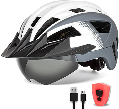 FUNWICT Fahrradhelm mit Visier für Herren Damen, Leichte Fahrradhelm mit Magnetischem Brille und USB-Aufladung LED Licht, Stylisch Mountainbike Helm (L: 57-61 cm, Weiß Grau)