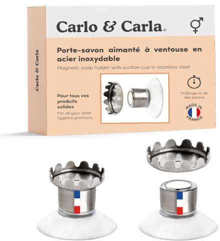 Carlo & Carla – Porte-savon aimanté à ventouse en acier inoxydable, pour tous vos produits d’hygiène solides – Fabriqué en France et réutilisable : écologique et économique - Lot de 2