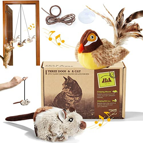 Suhaco 2 Pack Katzenspielzeug Interaktives automatisches Chirpen Vogel-Maus-Kitty-Spielzeug Feder Kätzchen Teaser Spielzeug Elektronisches Quietschen Selbstspiel Übung Katzenspielzeug (Braun)