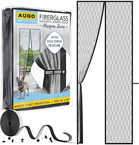 AUGO Designed Fiberglass Magnetic Fly Screen Door - Self Sealing, Heavy Duty, Hands Free Mesh Net Partition Keeps Bugs Out - Pet and Kid Friendly - Patent Pending Keep Open Feature - 97 x 247cm