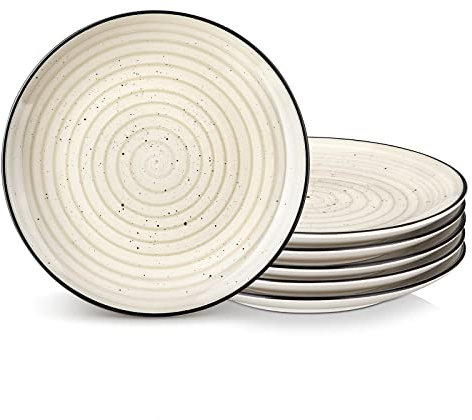 vancasso BONBON Juego de 6 Platos de Postre, 19,4cm Platos de Ensalada de Gres, Platos de Desayuno, Juego de Platos Llanos, Apto para Lavavajillas y Horno, Pintados a Mano, Beige