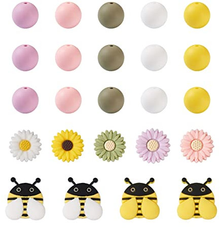 Spritewelry 59pcs 15mm Silicone Bee Beads Rubber Round Daisy Bees Farmhouse Beads Yellow Spacer Craft Loose Bead for DIY Spring Summer Necklace Bracelet Jewelry Making