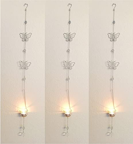 3X Teelichthänger Schmetterling Silber, 1m hoch, Wandwindicht, Wand-Teelichthalter, Wandhänger, Hängedeko