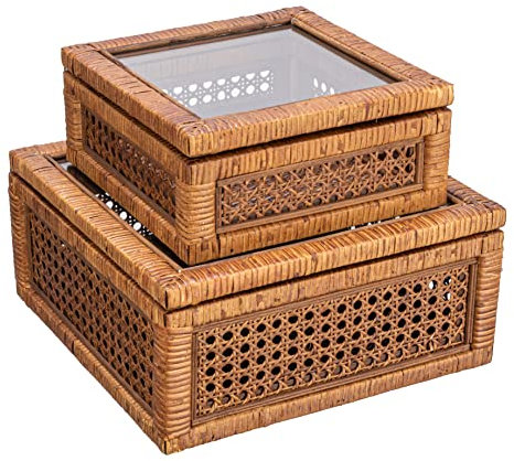 Creative Co-Op Moderne, dekorative quadratische Vitrinen aus Rattan und Holz mit Glasplatte, Set mit 2 Größen, dunkelbraunes Finish