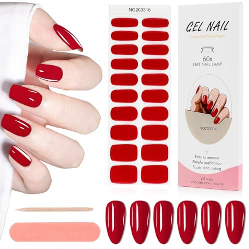 Kalolary 20PCS Gel Nagellack Aufkleber, Nagelsticker Full Wraps Nagelaufkleber UV/LED Lampe Erforderlich Cured Gel Nail Strips mit Nagelfeile und Stick für Frauen Mädchen (Jujube rot)