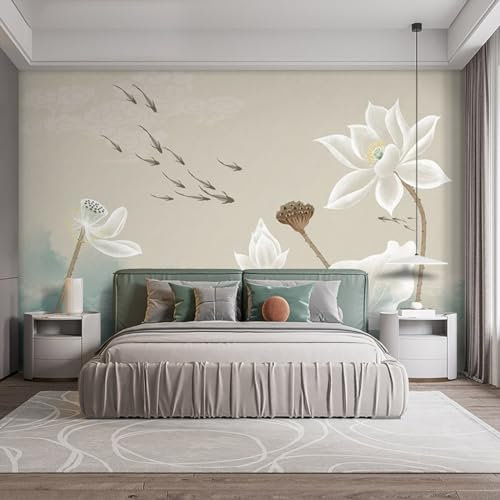 Papier Peint Lotus Blanc Beige Papier Peint Panoramique Papier Peint Intissé pour Salon Chambre Couloir Tapisserie Murales Papier Peint 3d Papier Peint Décoratif Murale 190x148cm