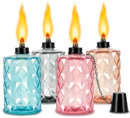 Glass Table Top Torches, 4 Pack Citronella Torches for Outside, 12oz Flame Light Torch,Refillable, Wick and Cap Included, Landscape Lanterns Torches for Garden Yard Patio Party Decor