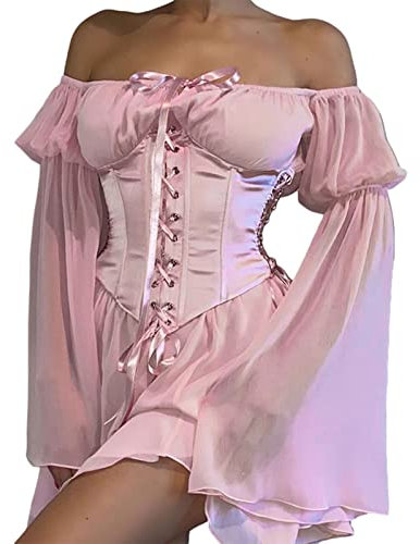 Womens Summer Two Piece Set Lace-Up Bustier Corset Dress Off Shoulder Bell Sleeve Chiffon Mini Dress Party Beachwear (Dress Without Corset-Pink, S)