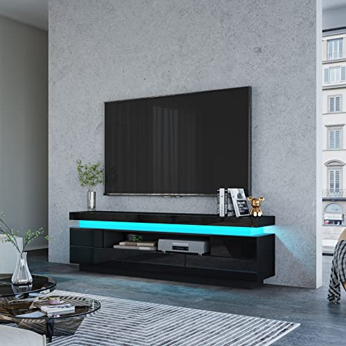 Generic TV Stand Cabinet Modern White Gloss TV Stand Unit with LED Lights 150CM, 5 Drawers, 1 Open Shelf and Hidden Top Storage Space, for Bedroom Living Room Home Furniture (Black)