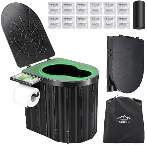 Sckee Portable Toilet for Adults, XL Portable Camping Toilet, Black Leather & Density Board, 16.5 Inches High
