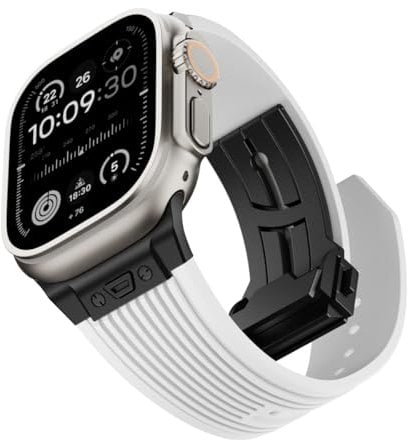 NewWays Watch Band for Apple Watch Ultra 2 Band 49mm 45mm 44mm 42mm, Luxury Rugged Silicone Rubber Strap with Metal Connector & Folding Clasp for iWatch Ultra Series 9 8 7 6 5 4 3 2 1 SE for Men
