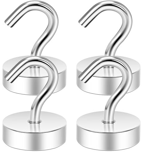 Neosmuk Magnethaken, 18kg Extra Starke Magnetische Haken für Camping, Werkstatt, Spind, Kleiderhaken mit Neodym Magnet für Outdoor und Kreuzfahrt Zubehör, Silber,4er-Pack