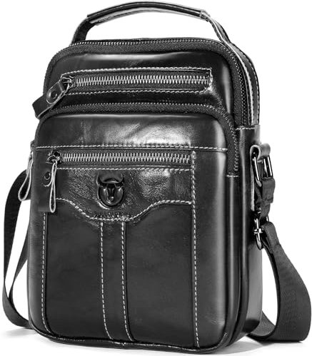 Leder-Umhängetasche für Herren, lässige Umhängetasche, Reisetasche, Kuriertasche, Vintage-Handtasche, mehrere Taschen, Schwarz