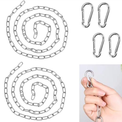 Jushion 2 stücke Edelstahl Ketten, Stahlkette 2 Meter, Rundstahlkette, Hängesessel Kette, Gliederkette mit 4 Karabiner Edelstahl, Metallkette, Edelstahlkette für Hängesessel, Hängematten, Sandsäcke