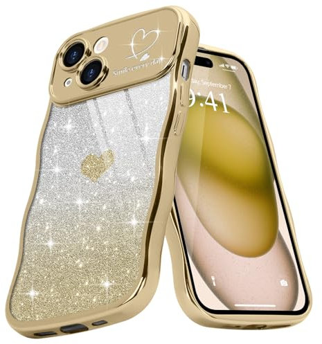 Teageo Cute Heart Pattern Curly Phone Case for iPhone 15, Wave Frame Glitter Case for Girls Women Aesthetic Bling Cover Shockproof Soft TPU Bumper for iPhone 15, Gold