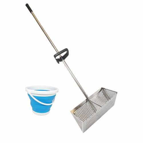 Rastrello da Spiaggia, Rastrello a Mano a Palo Lungo, Cesto Largo, Rastrello in Acciaio, Strumento Pieghevole, Rastrello di Sabbia Ergonomico