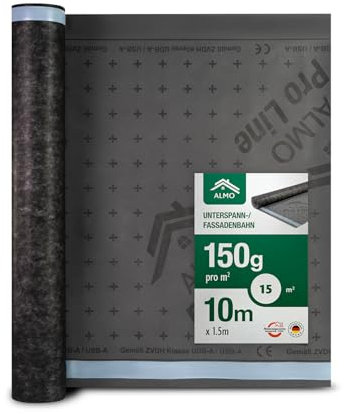 ALMO Unterspannbahn Dach 150g/m² | 15m² (1,5 x 10m) diffusionsoffen & UV-beständig | Wasserabweisende Dachfolie mit 2 Selbstklebestreifen | Fassadenbahn & Unterdeckbahn für Dachabdichtung