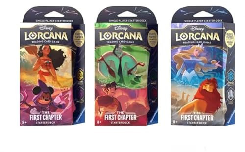 Juego de cartas Lorcana Trading Card Game: The First Chapter Starter Deck | Juego de 3 barajas (inglés) + Heartforcards® protección de envío