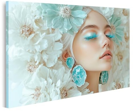 islandburner Bild auf Leinwand Frau mit Blumen und türkisen Wimpern Bilder Wandbilder Poster