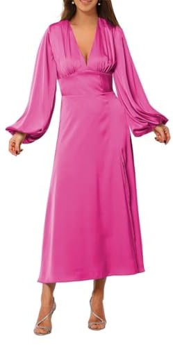 Vestido largo de satén de manga larga, vestido de graduación, vestido formal de otoño para invitada de boda, fucsia, 44