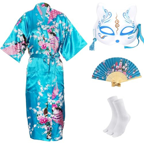 CRFASIBE Kimono Robe Japonés para Mujer, Japonés Traje Tradicional para Fiestas, Kimono Estampado Peacock con Máscara, Ventilador Manual y Calcetines Set Completo(Azul,3XL)