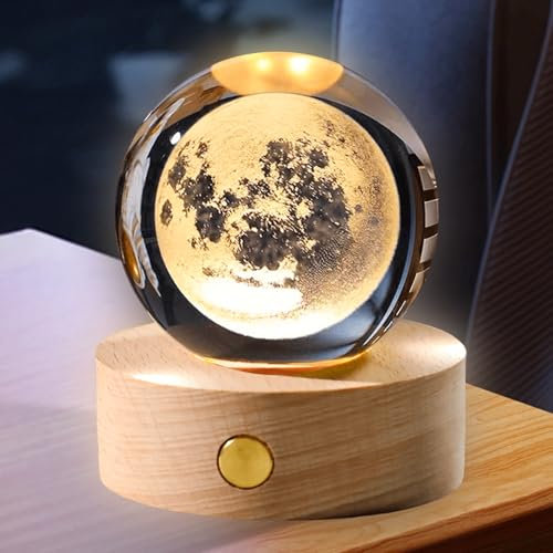 GOMETY 3D Sonnensystem Kristallkugel Nachtlicht, USB Wiederaufladbar LED Nachtlicht Basis 3D Kristallkugel Nachtlicht Kreative Nachtszene Astronomie Ball Lampe für Home Dekoration (Mond)