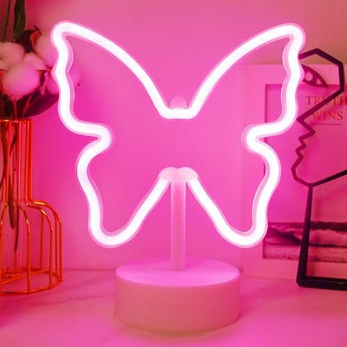 JEMESI Insegna al neon a forma di farfalla, luce al neon a LED con base di supporto, USB o 3 batterie AA, luci notturne rosa per camera da letto delle ragazze, lampada carina per feste di compleanno