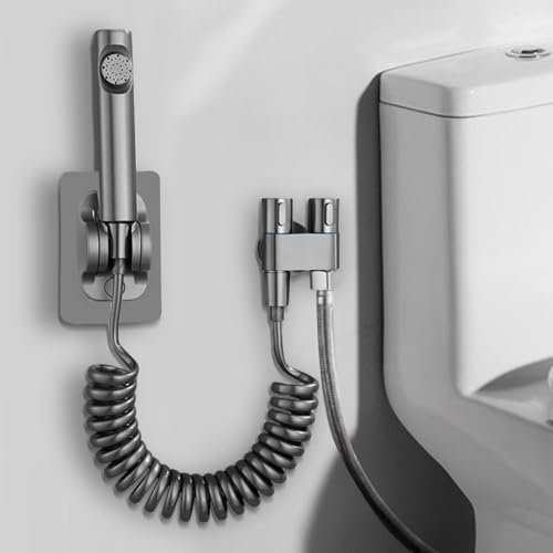 Douchette à main pour toilettes, mini bidet, robinet de douche, en acier inoxydable, avec tuyau à ressort, kit de support mural, valve à 3 voies